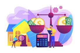 images of a house, a scale, money, a man and a calculator referring to appraisal research