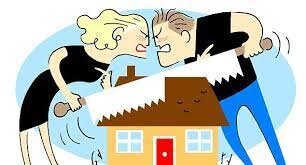 image of a man and a woman standing over a house with a saw as if they are cutting the house in half representing co-ownership