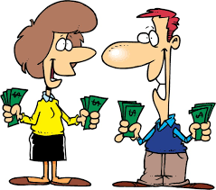 a man and a woman looking at each other with hands full of cash since the money was distributed to them