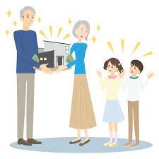 picture of a family, mom and dad and two kids where the parents are "giving" their kids a house, to signify "inheritance"