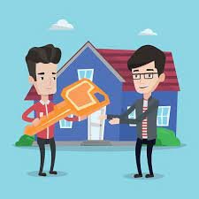 a man passing a key to a house to another man referring to ownership