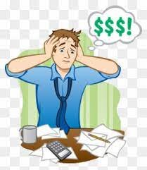 image of a man, sitting at a desk of messy papers, looking stressed out because there are lots of bills or debt to resolve