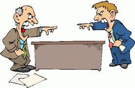 image of two men, shouting at each other over a desk referring to a dispute that should be resolved.