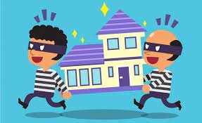2 men, dressed as thieves, running away with a house referring to squatters rights, or a tenant stealing a landlords house