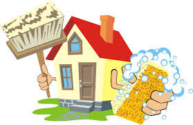 image of a house holding a broom and scrub brush signifying wear and tear regarding a tenants apartment