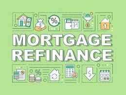 image of the words "mortgage refinance" surrounded by images associated with buying a house