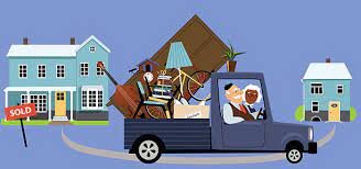 A family driving a car, moving from a larger house to a smaller house signifying they are downsizing