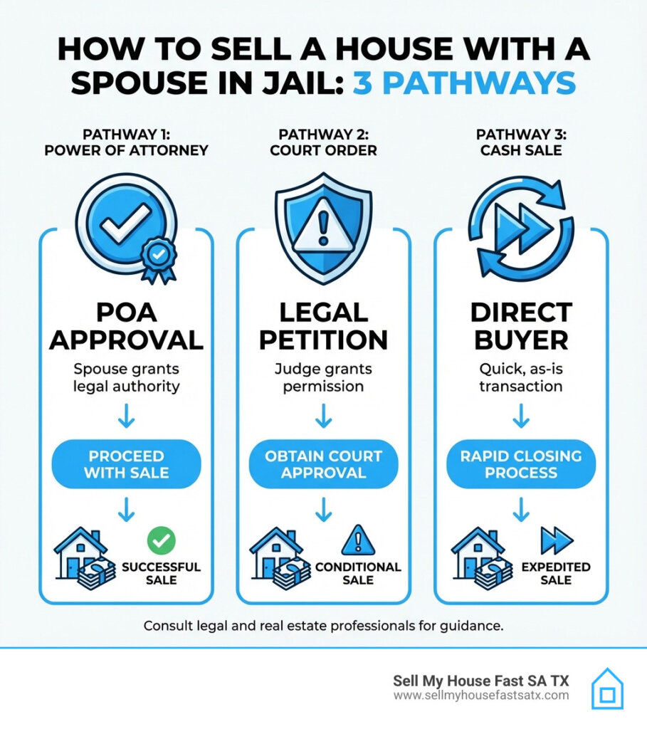 Infographic showing 3 pathways to sell a house with spouse in jail
