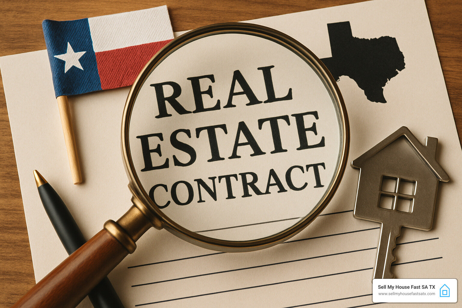 Magnifying glass examining a Texas real estate contract - Warning: Is Your "Buyer" Actually a Wholesaler? Magnifying glass examining a Texas real estate contract - Warning: Is Your "Buyer" Actually a Wholesaler?