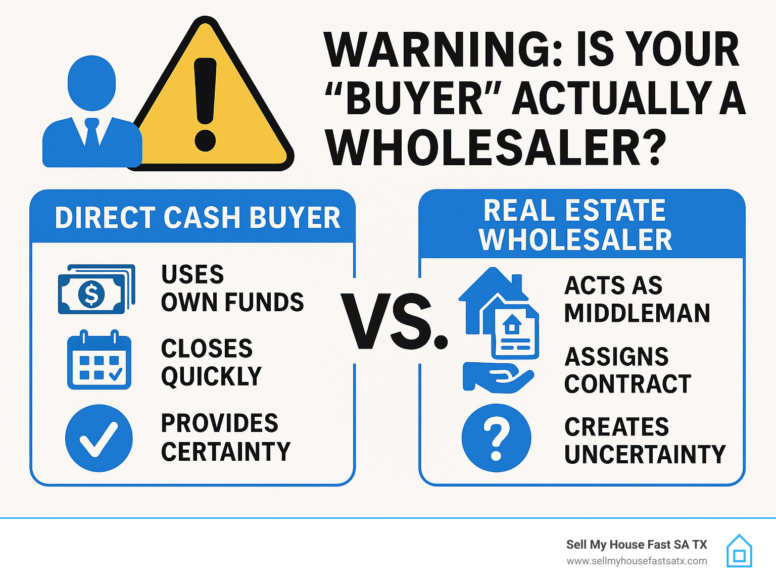Infographic showing Direct Cash Buyer vs Real Estate Wholesaler comparison - Direct buyers use their own funds, close quickly, and provide certainty while wholesalers act as middlemen, assign contracts, and create uncertainty for sellers - Warning: Is Your “Buyer” Actually a Wholesaler? infographic Infographic showing Direct Cash Buyer vs Real Estate Wholesaler comparison - Direct buyers use their own funds, close quickly, and provide certainty while wholesalers act as middlemen, assign contracts, and create uncertainty for sellers - Warning: Is Your “Buyer” Actually a Wholesaler? infographic