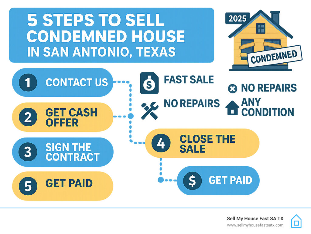 Infographic showing 5 steps to sell condemned house in San Antonio Texas with timeline and benefits - can you sell a condemned house infographic 