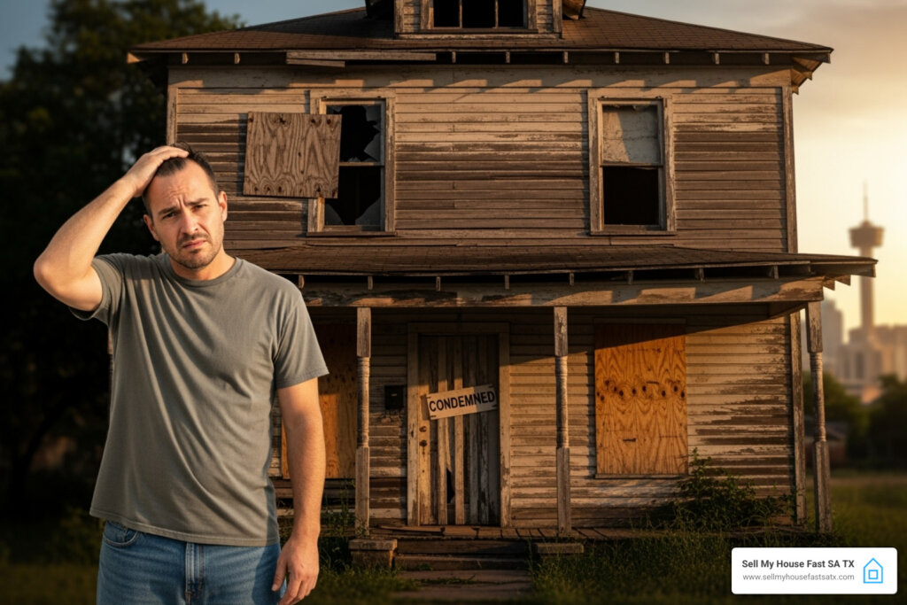 Stressed homeowner in front of condemned house - can you sell a condemned house