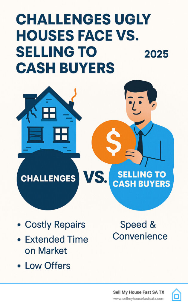 Infographic showing traditional home sale process taking 3-6 months with repairs, staging, and showings versus direct cash sale process taking 7-14 days with no repairs needed, no fees, and guaranteed closing - sell my ugly house fast infographic