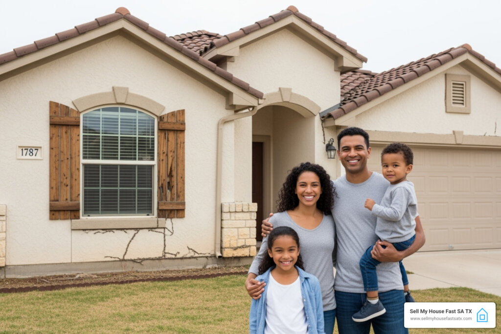 happy family in front of their termite damaged house