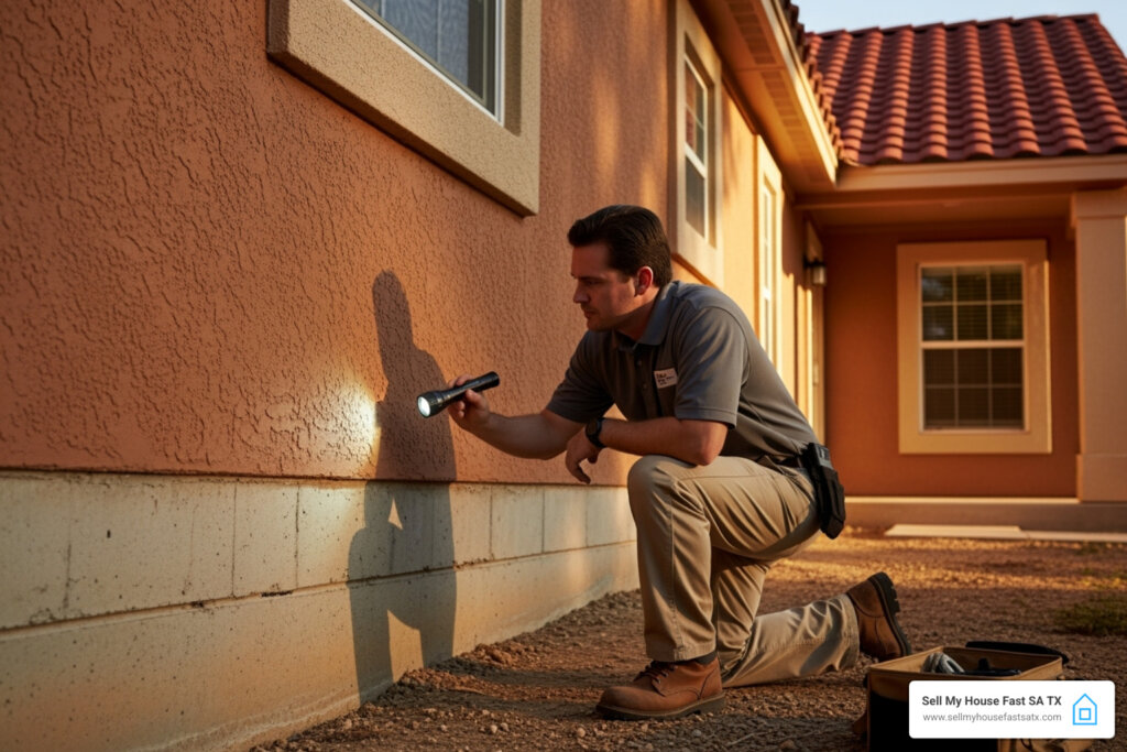 Home inspector examining a property's foundation - sell house with repairs San Antonio - sell house with repairs needed