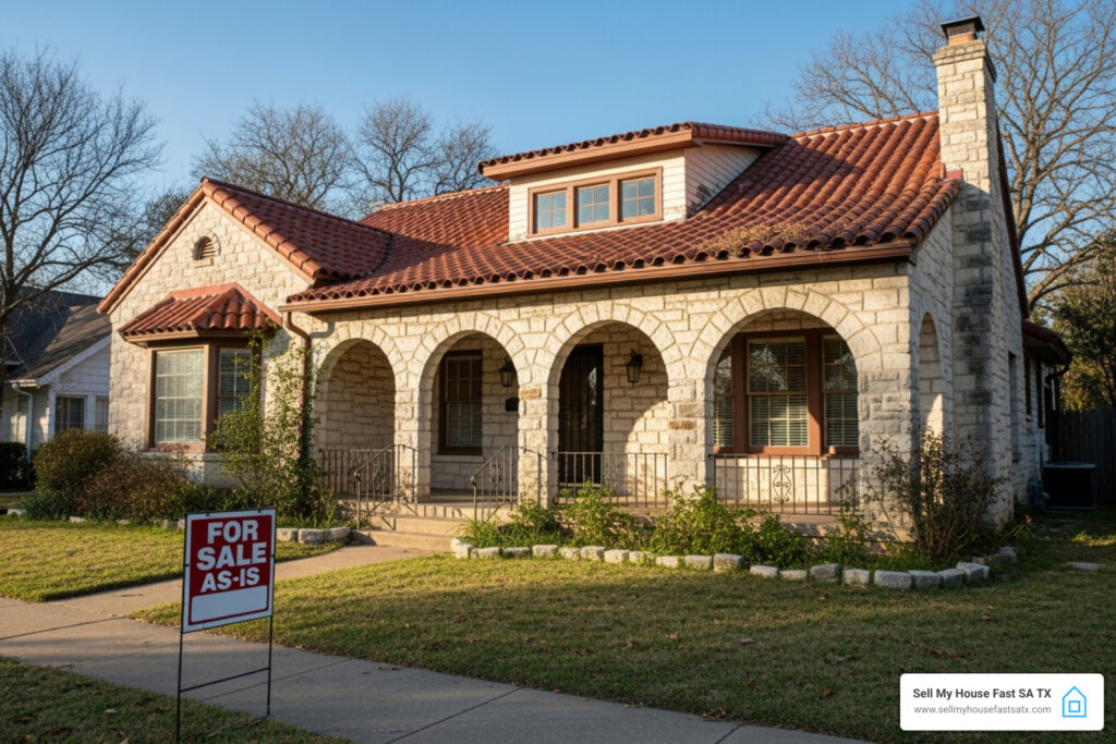 For Sale As-Is sign in front of a Texas home - we buy houses in any condition San Antonio - sell house with repairs needed