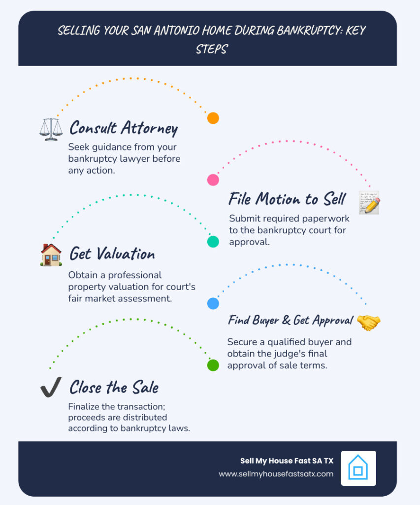 Comprehensive guide showing the bankruptcy home sale process, court approval requirements, and proceeds distribution in San Antonio Texas - sell my house during bankruptcy infographic 