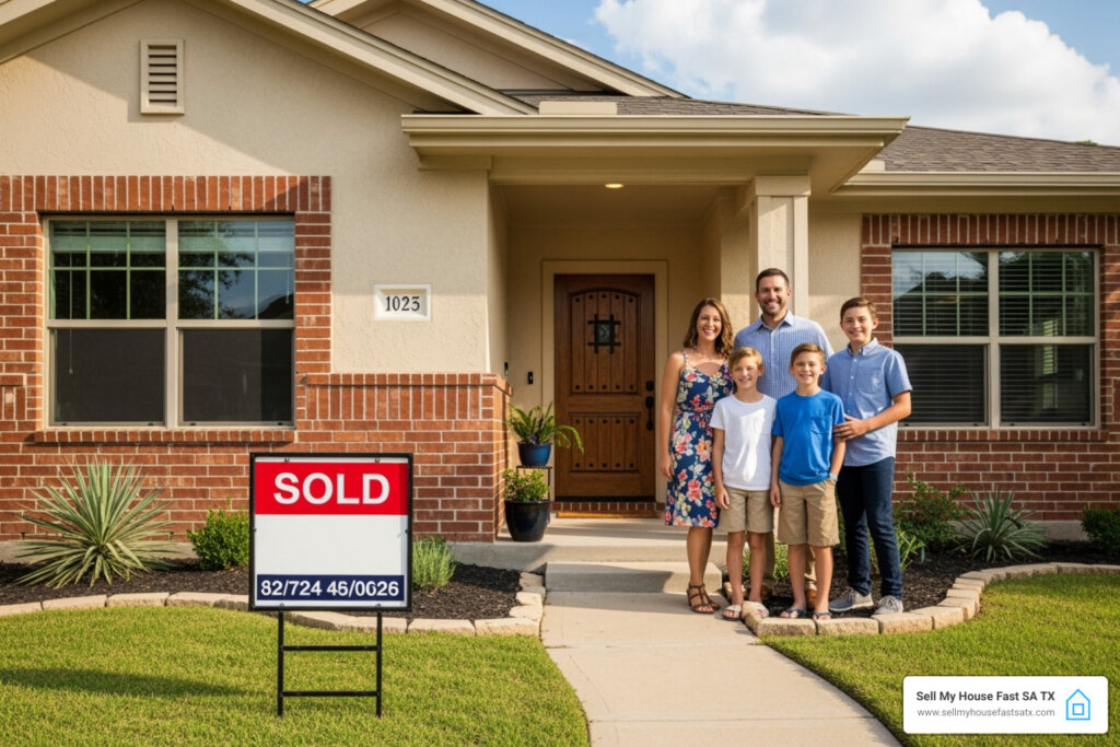Happy family after having sold their house during bankruptcy