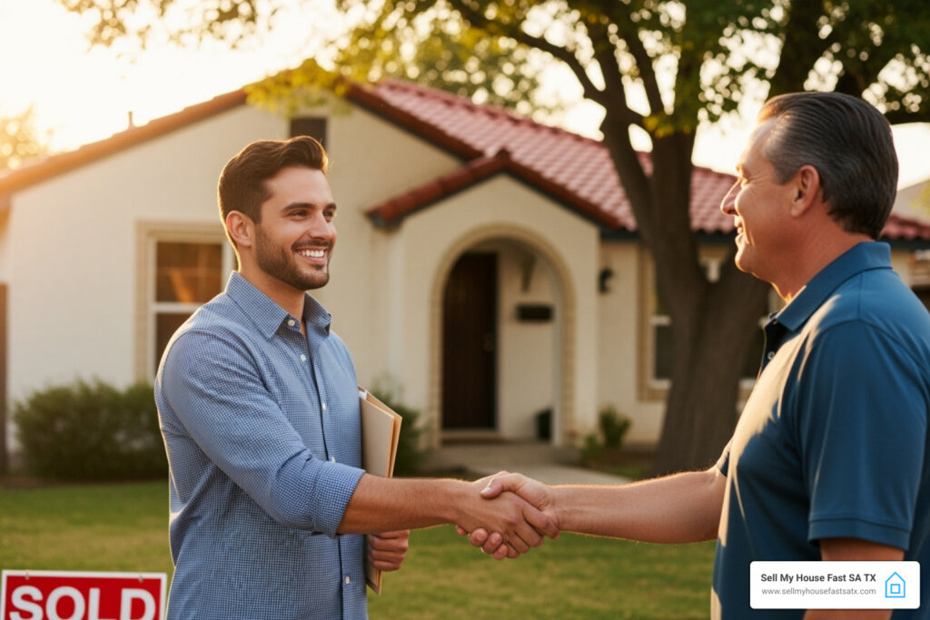 Friendly local home buyer shaking hands with San Antonio homeowner - sell my ugly house fast