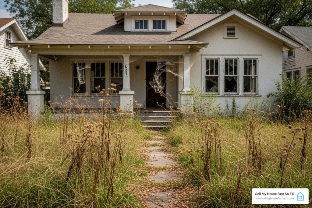 Overgrown lawn at vacant San Antonio property - sell vacant house fast - sell vacant house