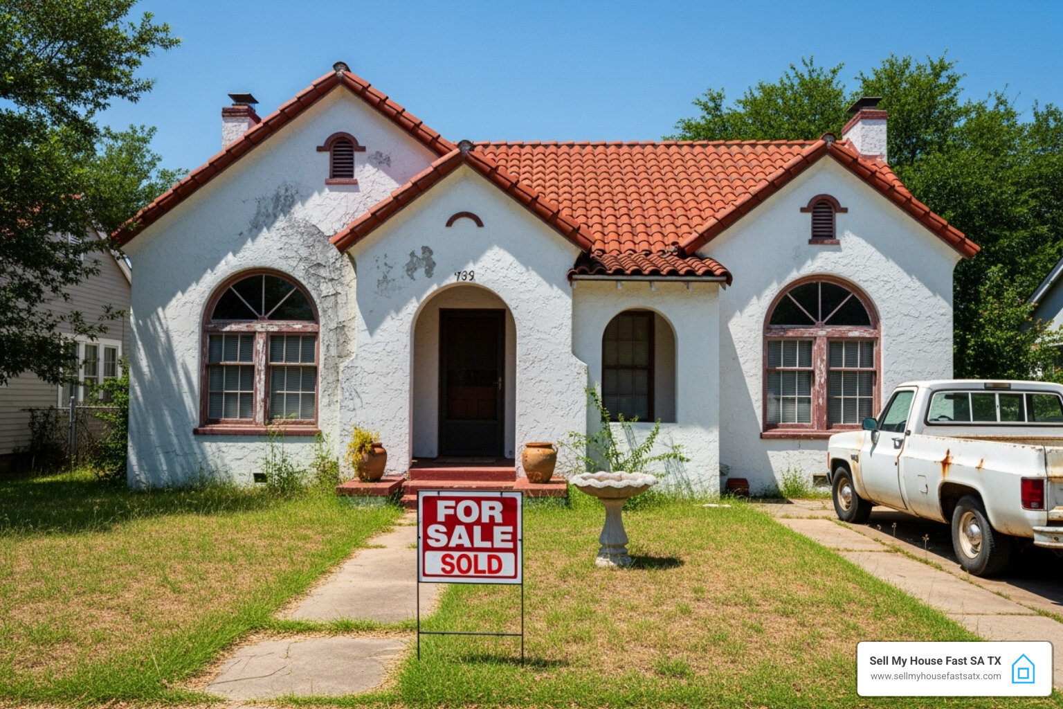 Photorealistic image of a San Antonio style house with a 'For Sale' sign, looking slightly neglected, suggesting financial difficulty. - can you sell your house if your behind on payments Photorealistic image of a San Antonio style house with a 'For Sale' sign, looking slightly neglected, suggesting financial difficulty. - can you sell your house if your behind on payments