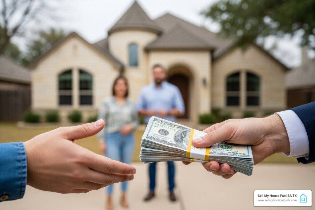 Hand giving cash to a San Antonio homeowner in front of their house - when to worry about house not selling