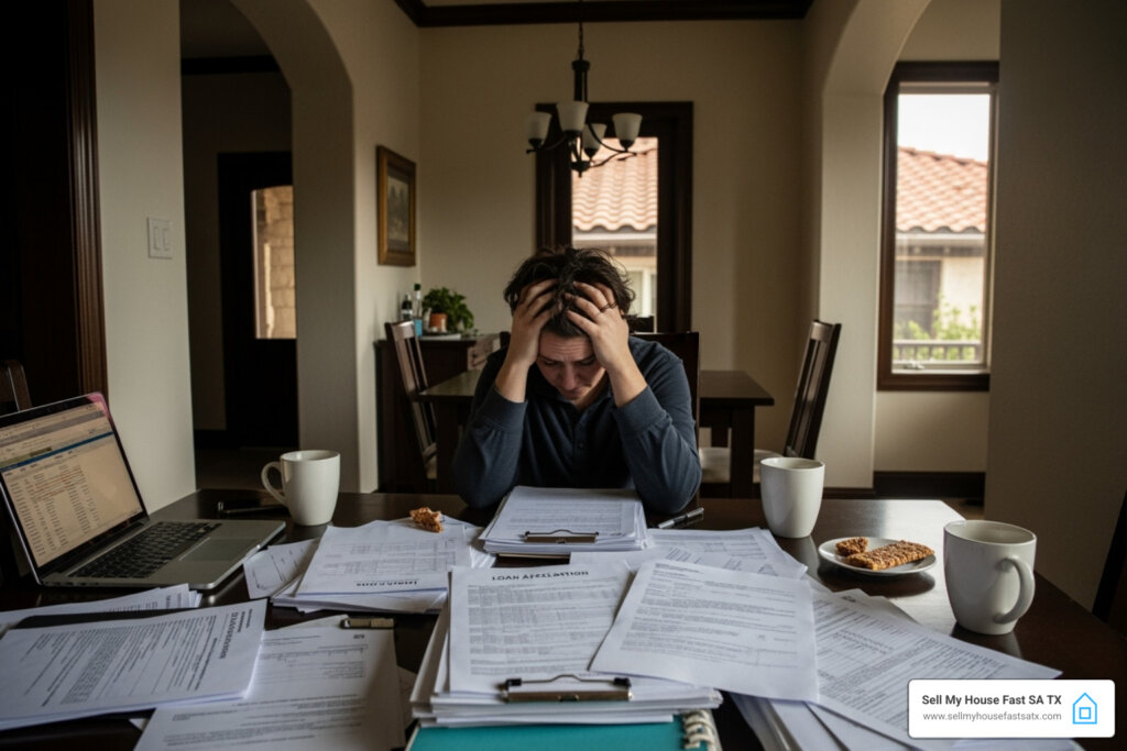 Stressed homeowner surrounded by paperwork in a San Antonio home - how to sell a house without a real estate agent