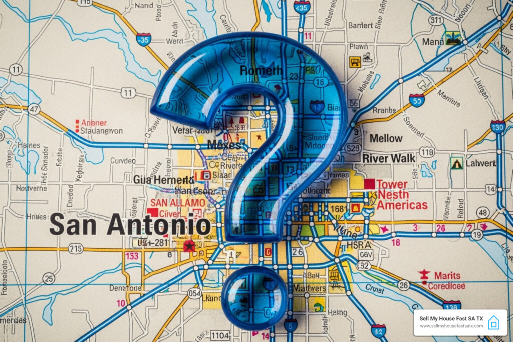 Question mark over a map of San Antonio, Texas - how to sell a house without a real estate agent