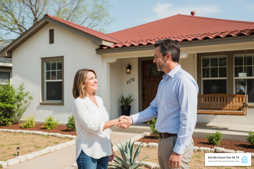 simple stress free handshake deal in front of a San Antonio home - can you sell a house with a tenant in it