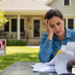 Stressed San Antonio homeowner reviewing bills with a "For Sale" sign in the yard. - how much does it cost to sell a house