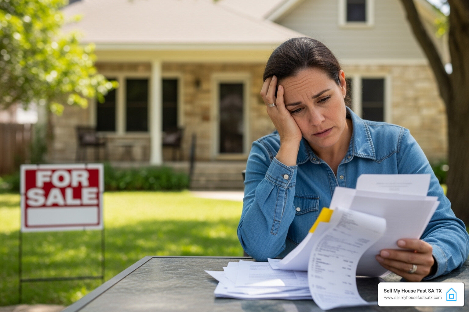 Stressed San Antonio homeowner reviewing bills with a "For Sale" sign in the yard. - how much does it cost to sell a house