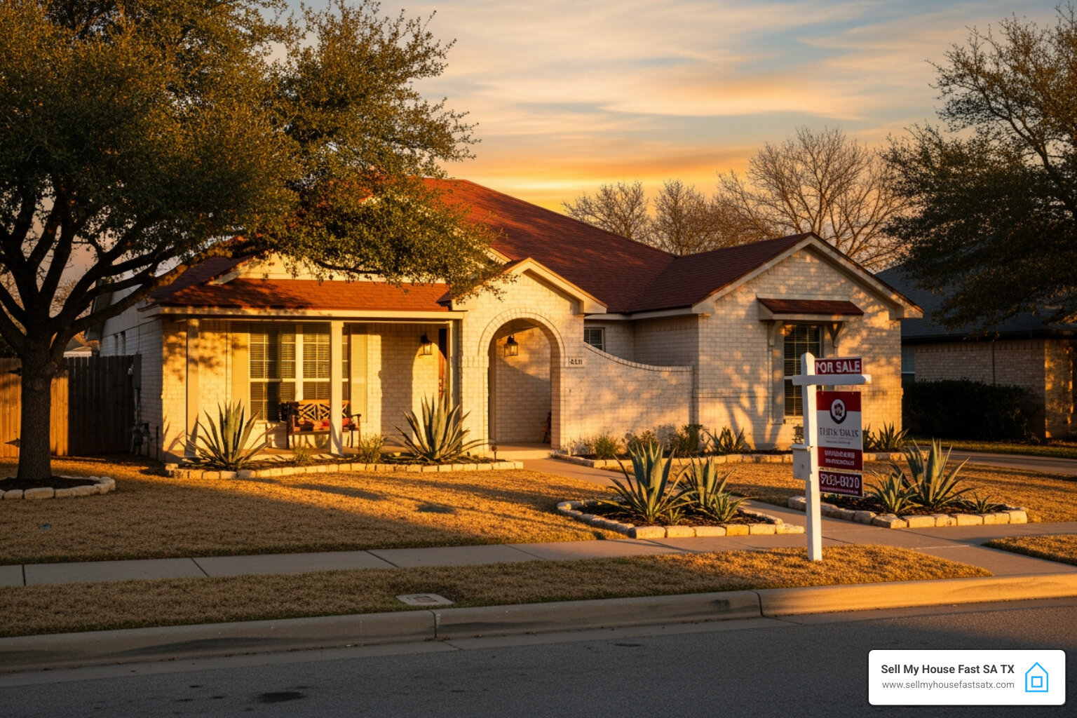 San Antonio home with for sale sign at sunset - prayer to sell house