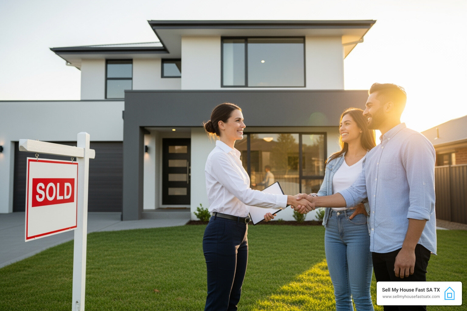 Stressed homeowner looking at a "For Sale" sign in front of a San Antonio-style house - sell house quicker
