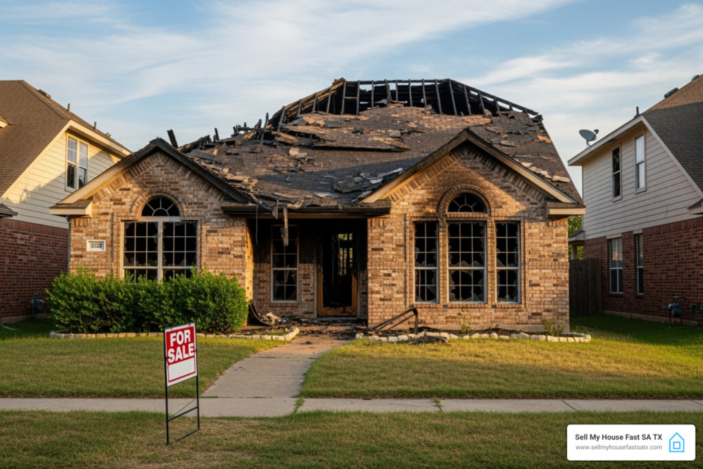 Fire damaged house with extensive roof damage
