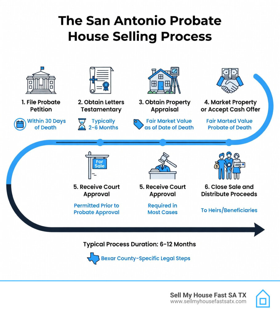 Infographic showing the San Antonio probate house selling process - selling a house in probate