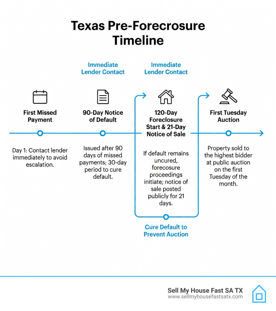 Infographic showing the Texas pre-foreclosure timeline from first missed payment - sell house in pre-foreclosure 