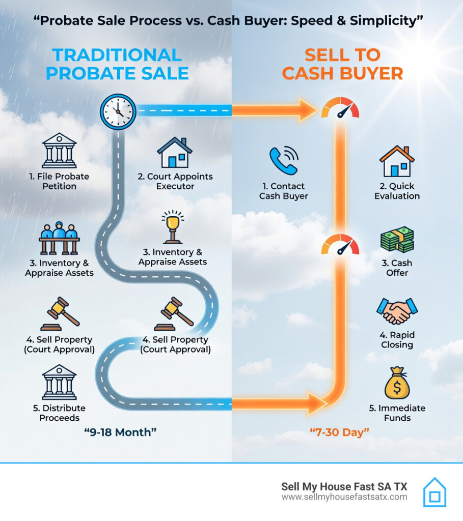 Infographic showing the San Antonio traditional probate house selling process vs cash buyer- selling a house in probate
