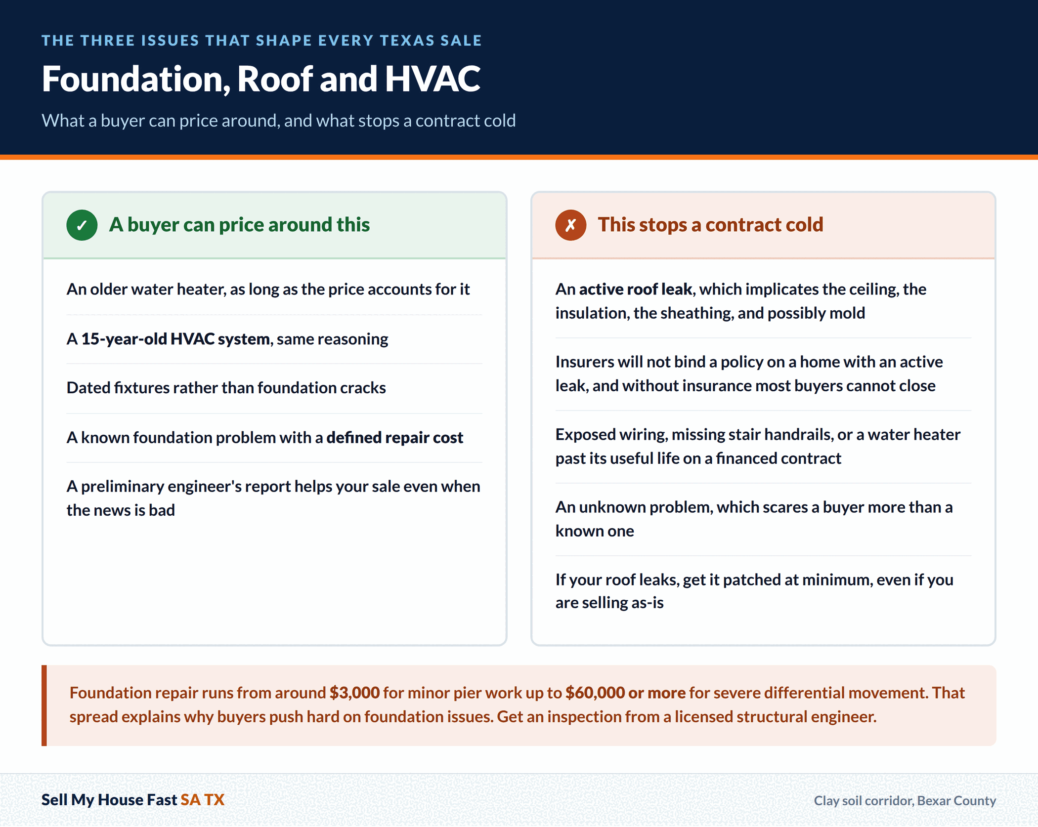 Foundation, Roof and HVAC Foundation, Roof and HVAC. What a buyer can price around, and what stops a contract cold. A guide for San Antonio and Bexar County home sellers.