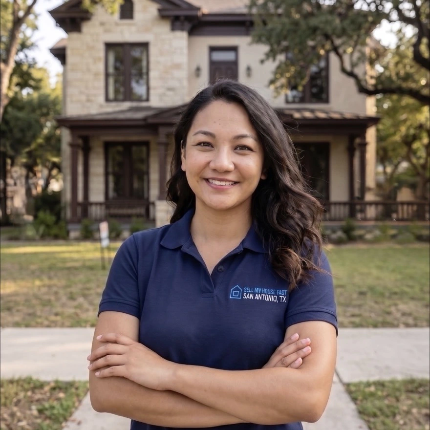 Regina Feir, office manager at Sell My House Fast SA TX, in front of a recently purchased San Antonio home