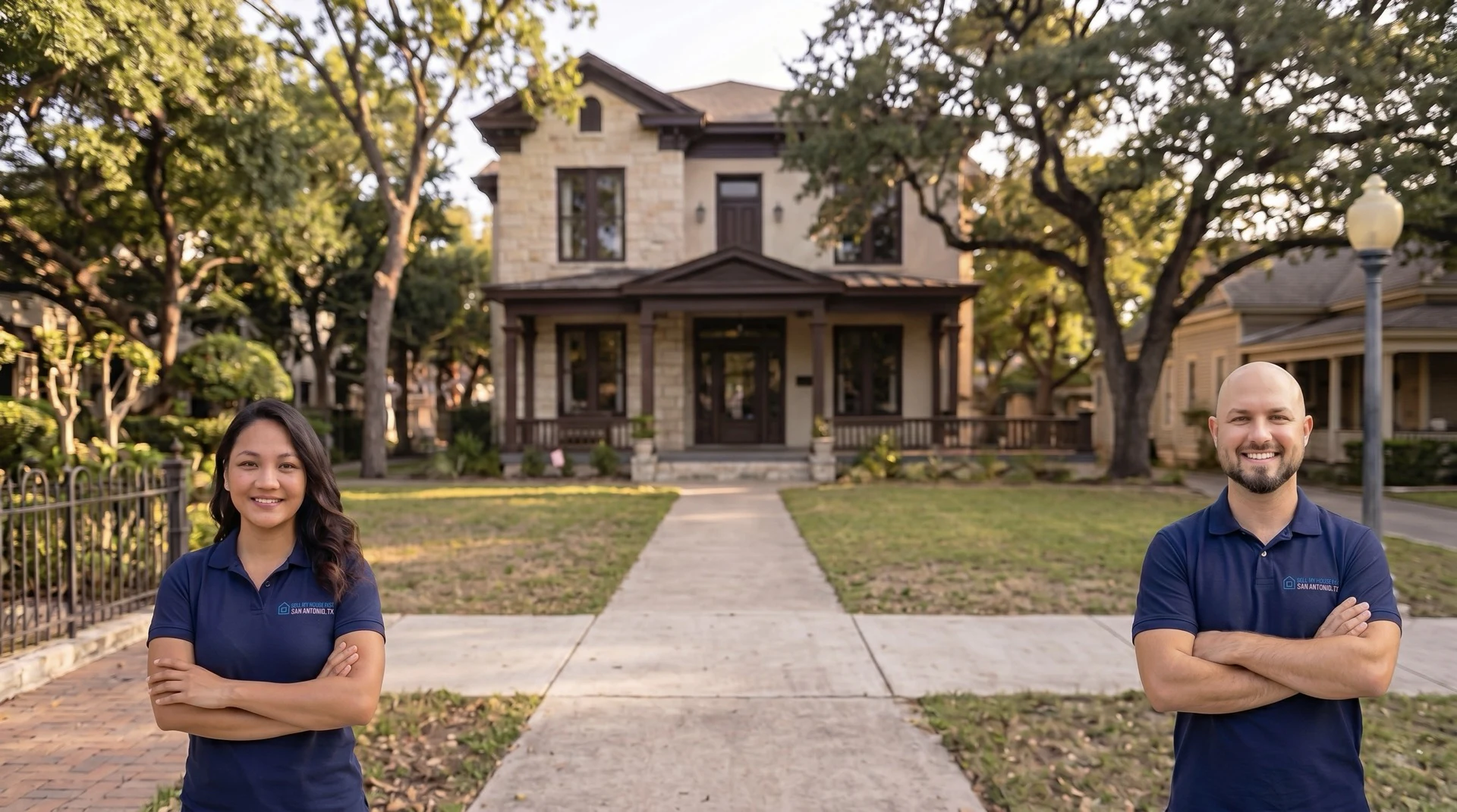 Daniel Cabrera and Regina Feir, the Sell My House Fast SA TX team, in front of a recently purchased San Antonio home