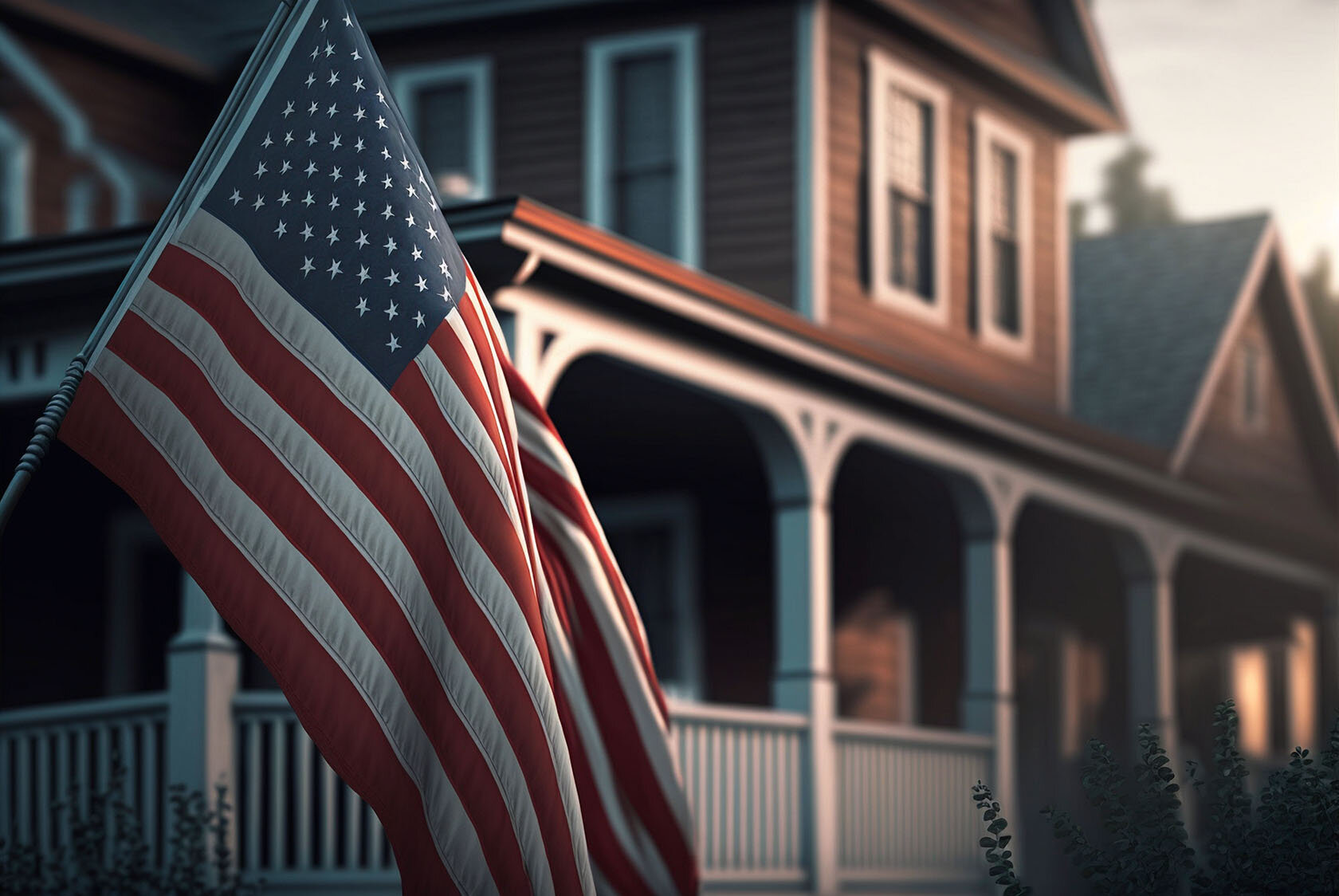 American flag hanging on a private house in small town