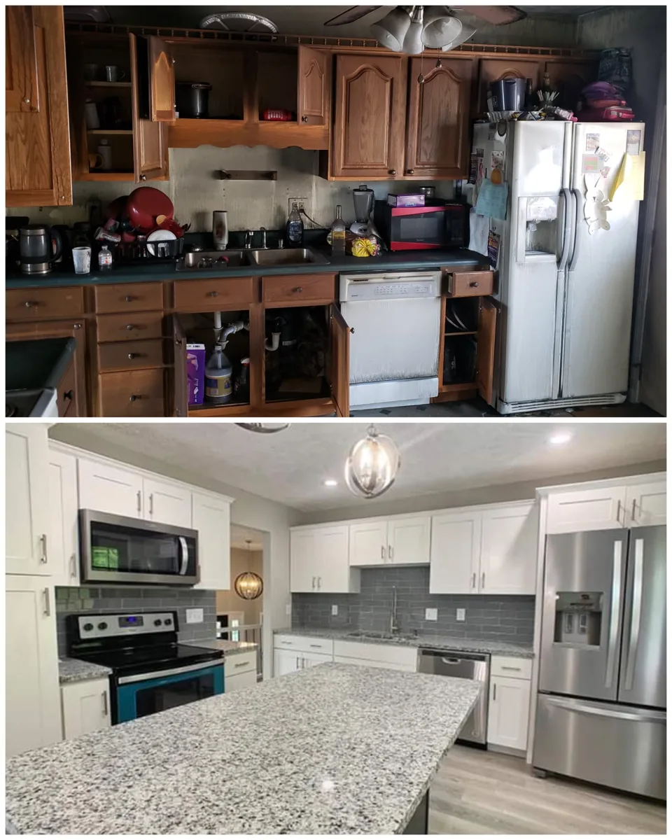 AM Investments kitchen renovation, before at top and after at bottom