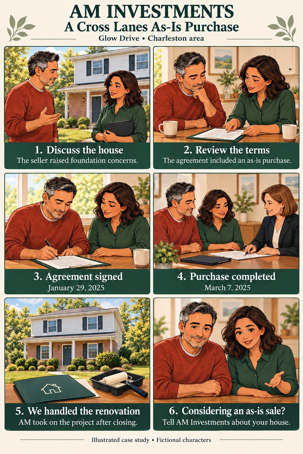 Six-panel cartoon storyboard: discussing the house, reviewing as-is terms, agreement signed January 29, 2025, purchase completed March 7, 2025, AM taking on the renovation after closing, and an invitation to contact AM Investments