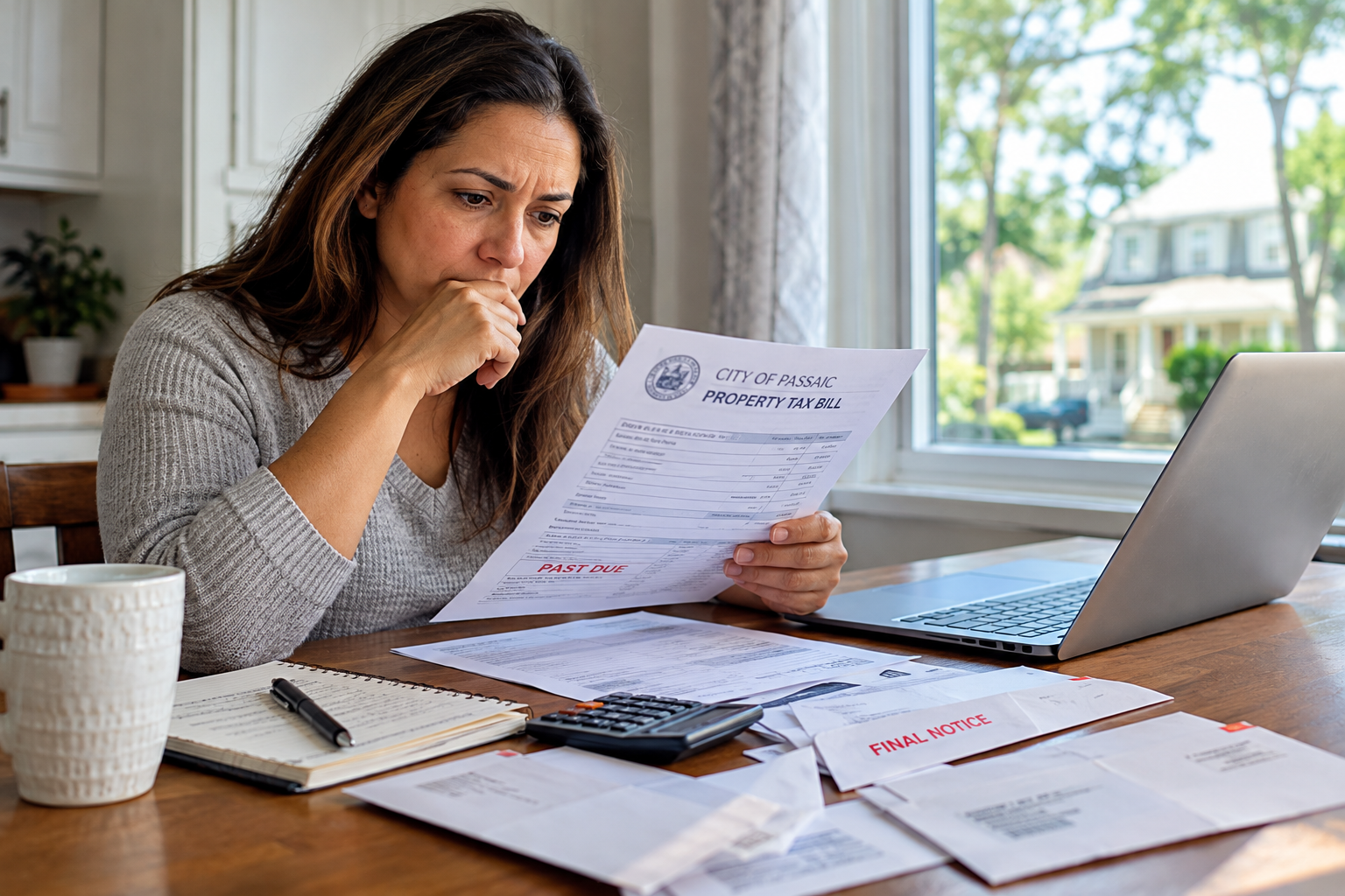 Property tax notice and documents on a desk inside a Dover, Delaware home