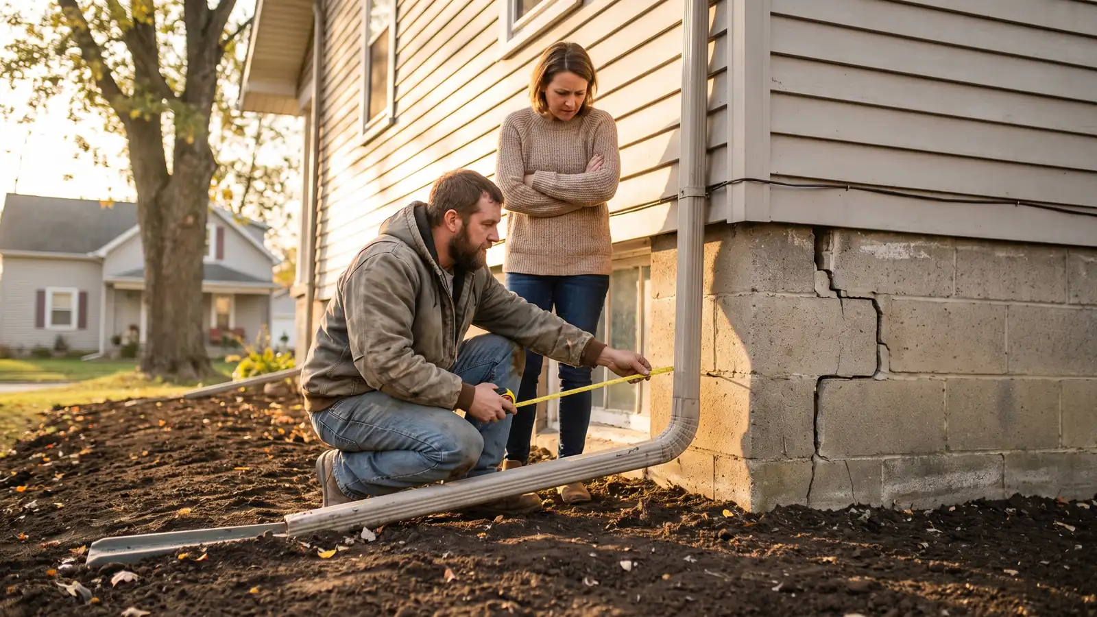 Visible cracks and moisture staining on a concrete basement foundation wall