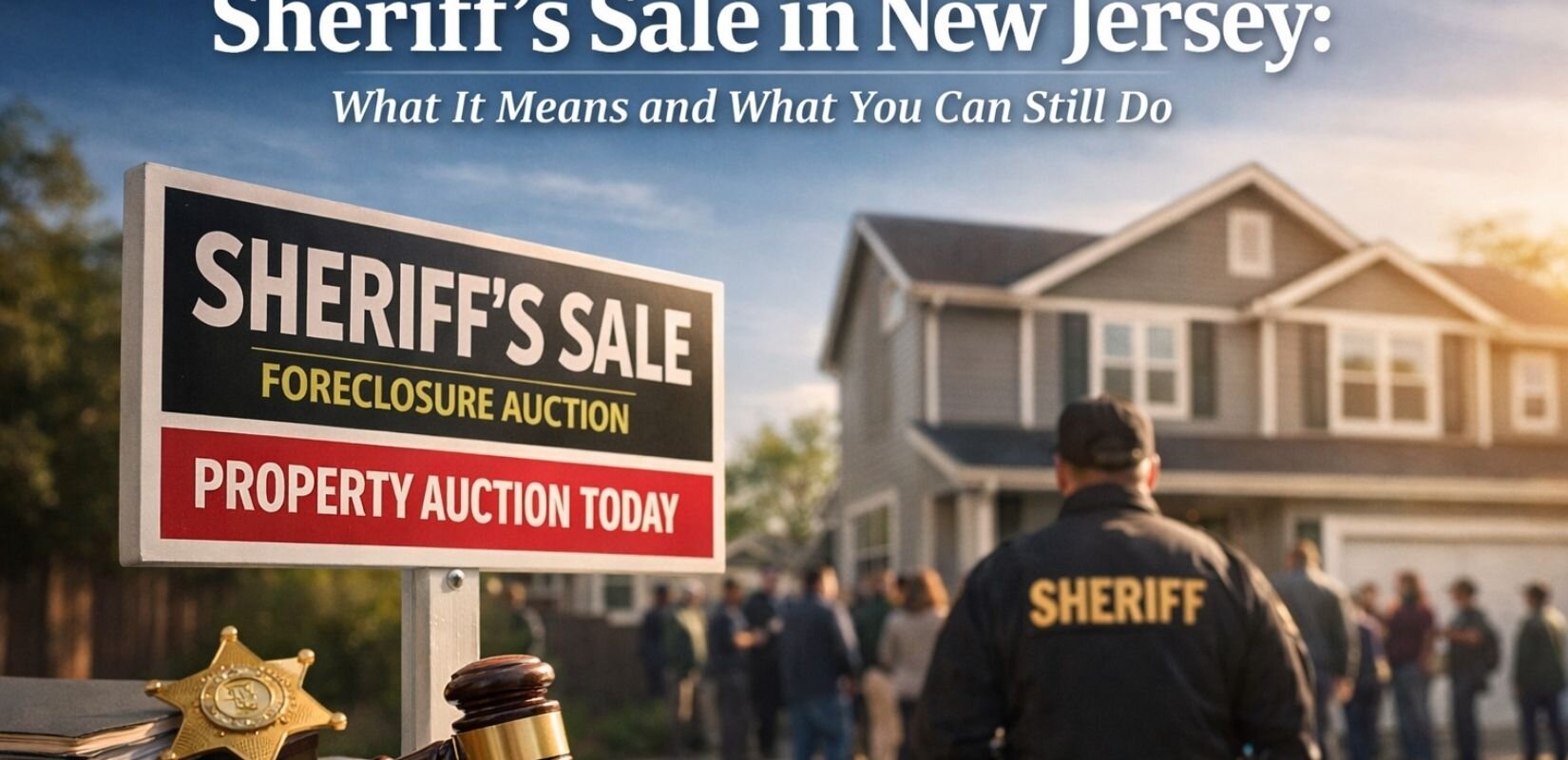 Sheriff’s sale foreclosure auction in New Jersey with property and county sheriff present