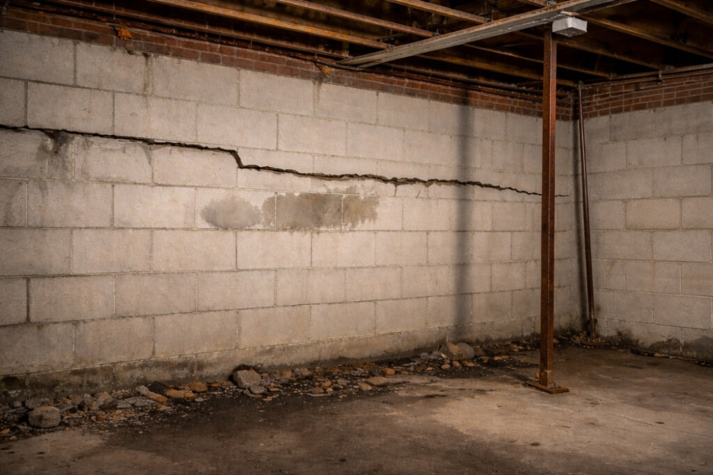 Basement foundation wall in New Jersey showing large horizontal structural crack