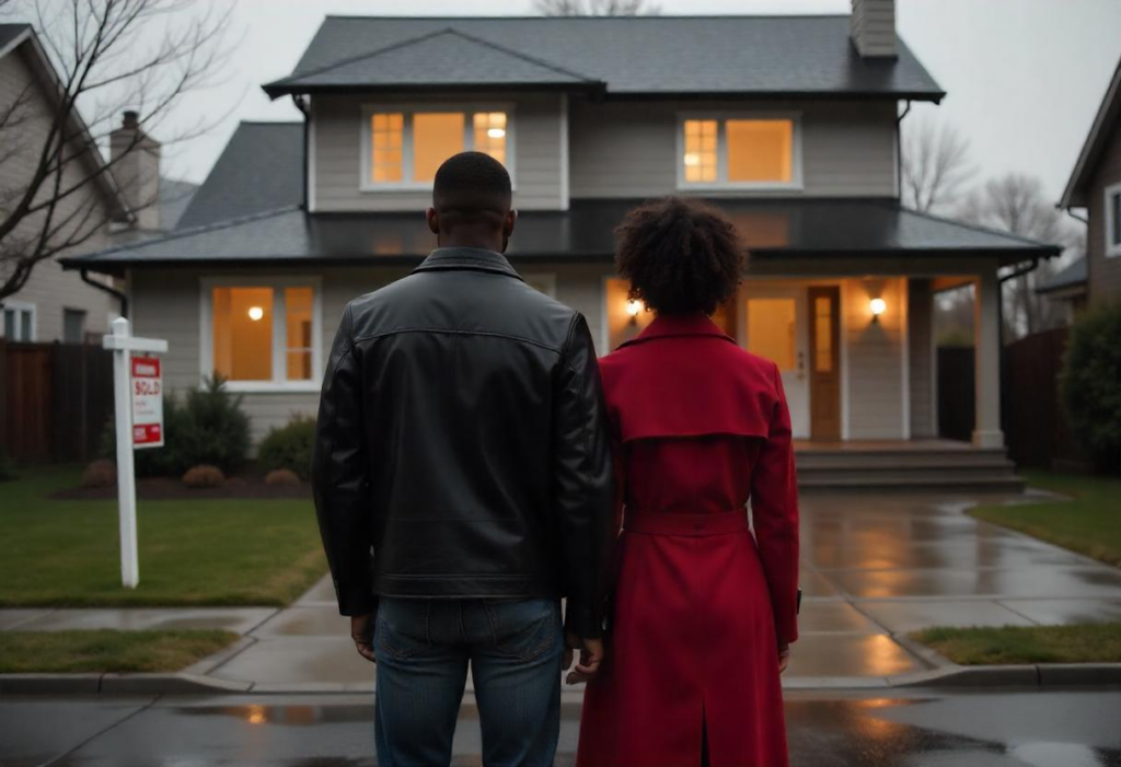 The back of an African American couple standing in front facing a modern house with a "Sold" sign on a rainy autumn evening. The man is wearing a black leather jacket and jeans, while the woman has short curly hair and is wearing a red trench coat. Puddles are visible on the driveway.