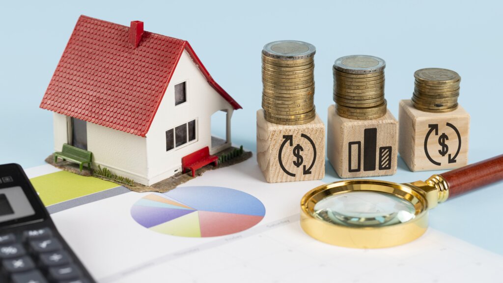 Finances elements on wooden cubes arrangement