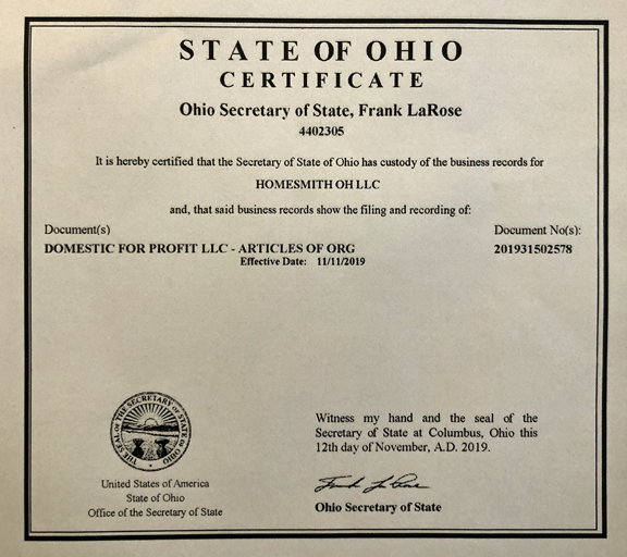State of Ohio Certificate | Homesmith OH LLC | 1-877-HOMESMITH
